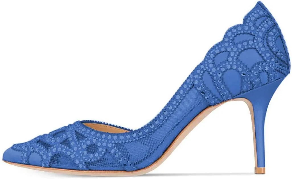 XYD Women Pointy Toe Crystal Studded Bridal Pumps High Heel Slip On D'Orsay Mesh Rhinestone Wedding Dress Shoes
