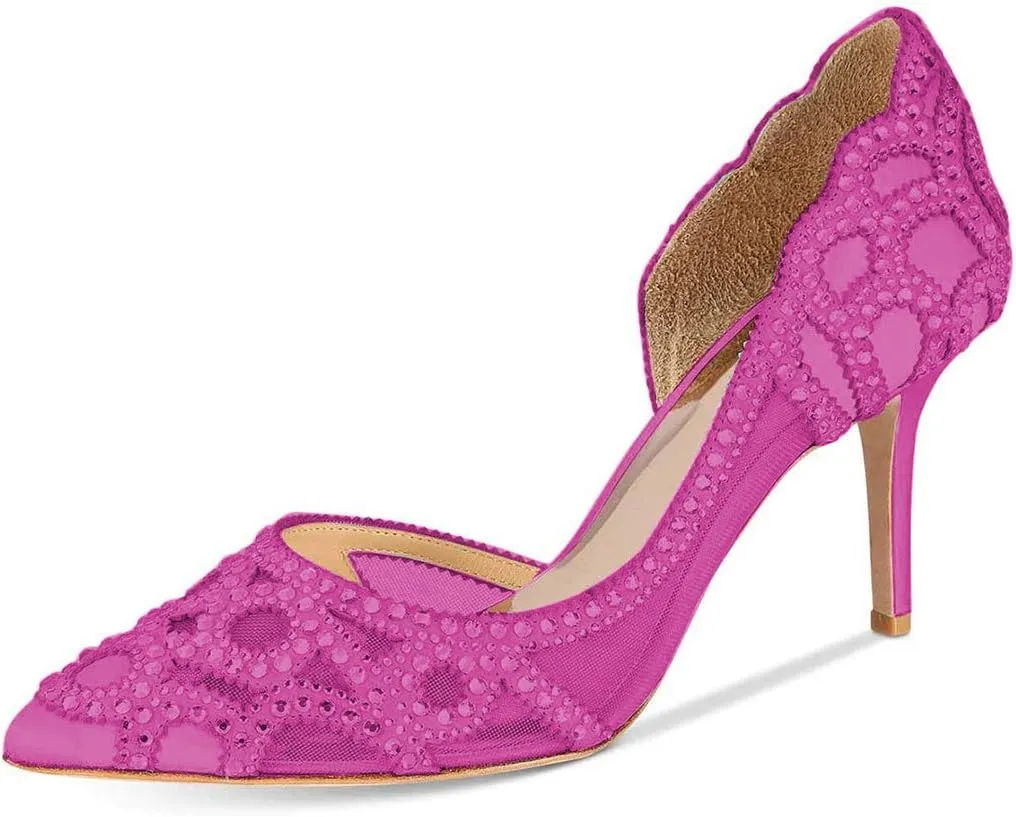 XYD Women Pointy Toe Crystal Studded Bridal Pumps High Heel Slip On D'Orsay Mesh Rhinestone Wedding Dress Shoes