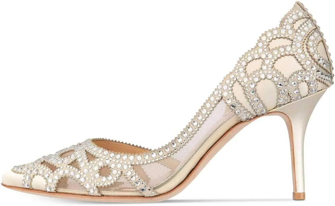 XYD Women Pointy Toe Crystal Studded Bridal Pumps High Heel Slip On D'Orsay Mesh Rhinestone Wedding Dress Shoes
