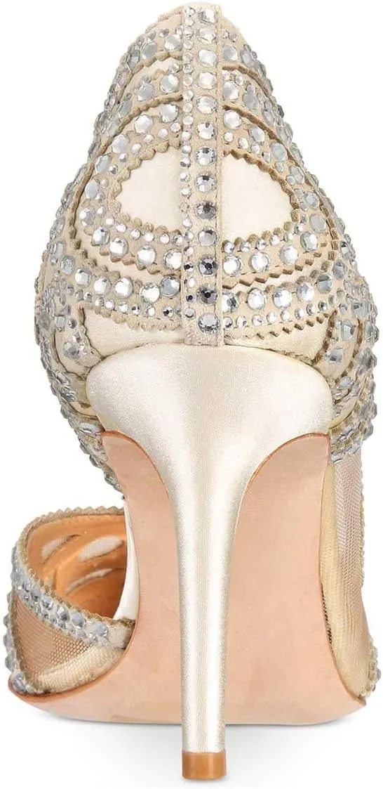 XYD Women Pointy Toe Crystal Studded Bridal Pumps High Heel Slip On D'Orsay Mesh Rhinestone Wedding Dress Shoes