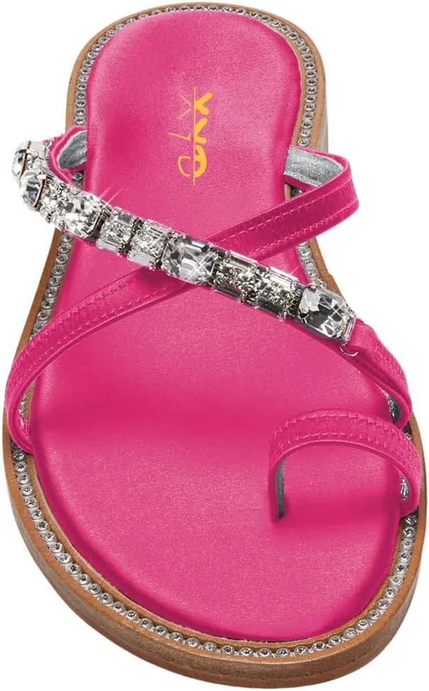 XYD Women Split Toe Flat Sandals Crossover Crystal Straps Slip-on Studded Holiday Party Beach Shoes