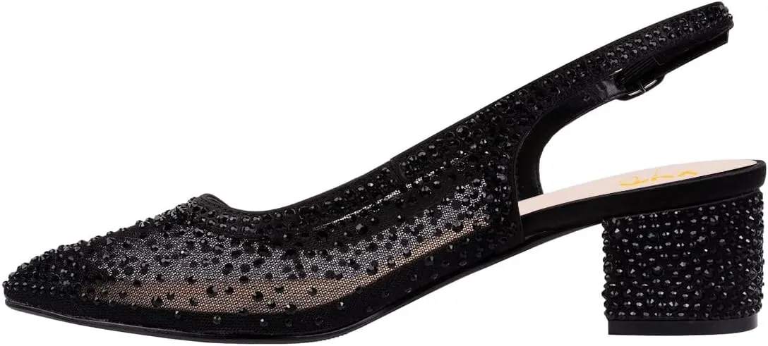 XYD Women's Elegant Rhinestone Pumps Sheer Mesh Slingback Block Low Heels Pointed Toe Slip On Crystal Bridal Wedding Shoes
