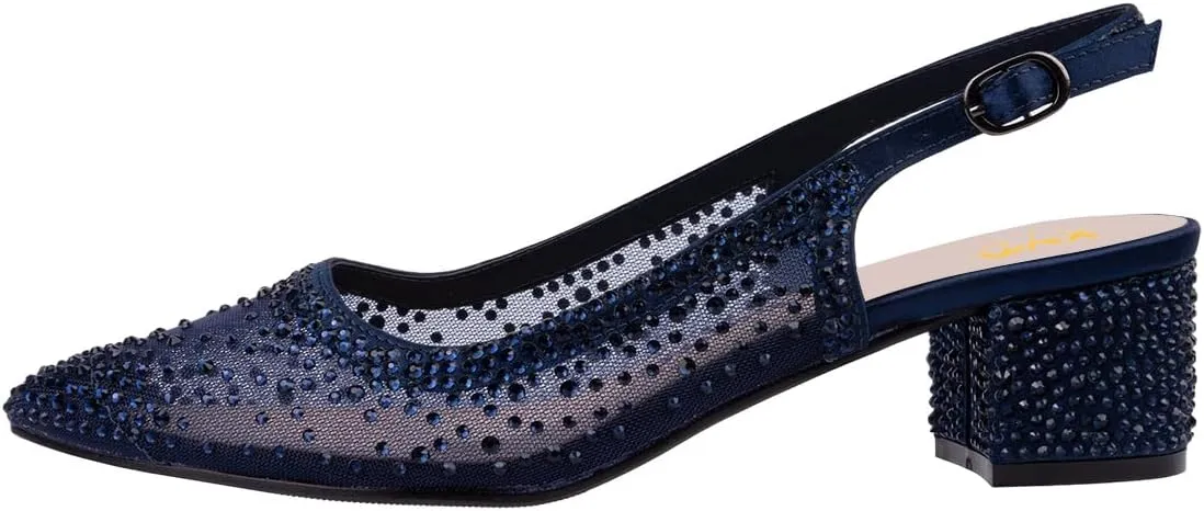 XYD Women's Elegant Rhinestone Pumps Sheer Mesh Slingback Block Low Heels Pointed Toe Slip On Crystal Bridal Wedding Shoes