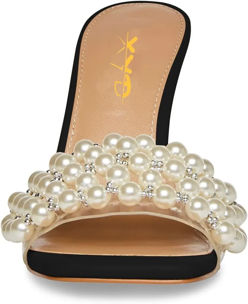 XYD Women's Open Square Toe PVC Strap with Pearl Studs Stilettos Mule Slides Slip On Backless Slippers Gorgeous Wedding Dressy Sandals