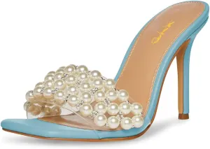 XYD Women's Open Square Toe PVC Strap with Pearl Studs Stilettos Mule Slides Slip On Backless Slippers Gorgeous Wedding Dressy Sandals