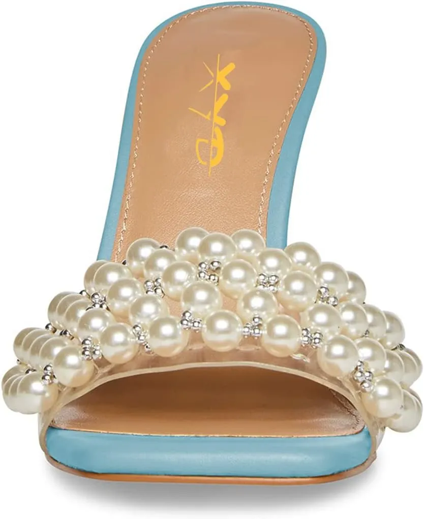 XYD Women's Open Square Toe PVC Strap with Pearl Studs Stilettos Mule Slides Slip On Backless Slippers Gorgeous Wedding Dressy Sandals