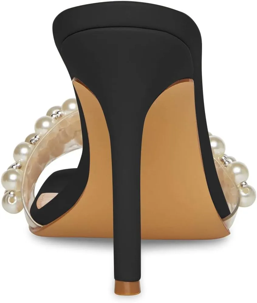 XYD Women's Open Square Toe PVC Strap with Pearl Studs Stilettos Mule Slides Slip On Backless Slippers Gorgeous Wedding Dressy Sandals