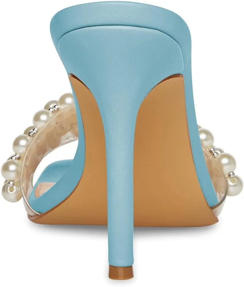 XYD Women's Open Square Toe PVC Strap with Pearl Studs Stilettos Mule Slides Slip On Backless Slippers Gorgeous Wedding Dressy Sandals