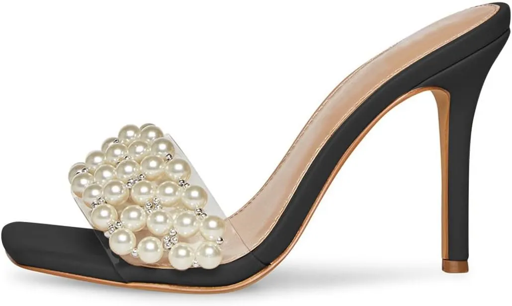 XYD Women's Open Square Toe PVC Strap with Pearl Studs Stilettos Mule Slides Slip On Backless Slippers Gorgeous Wedding Dressy Sandals
