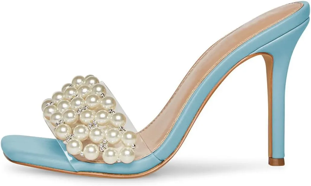 XYD Women's Open Square Toe PVC Strap with Pearl Studs Stilettos Mule Slides Slip On Backless Slippers Gorgeous Wedding Dressy Sandals