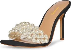 XYD Women's Open Square Toe PVC Strap with Pearl Studs Stilettos Mule Slides Slip On Backless Slippers Gorgeous Wedding Dressy Sandals