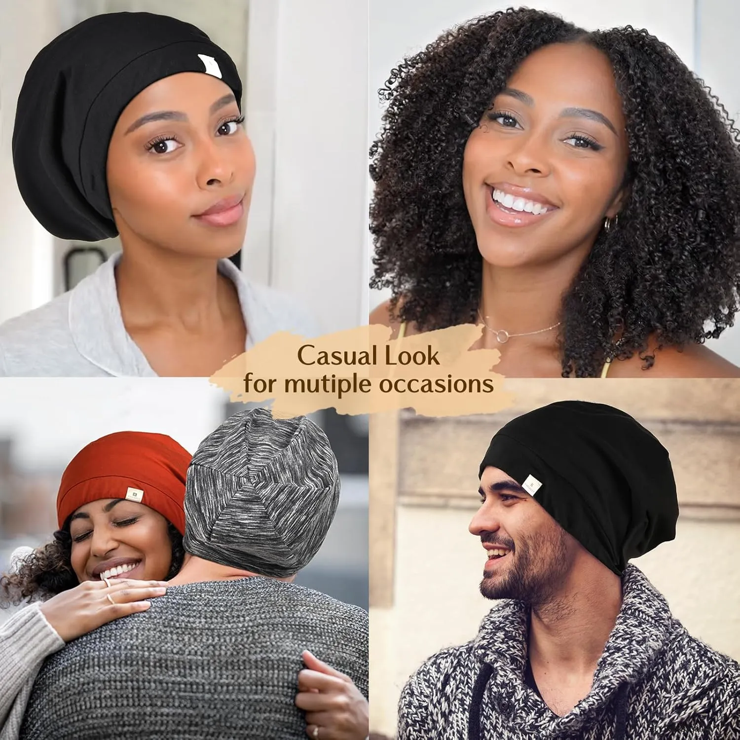 YANIBEST Slouchy Beanie Hat Satin Lined Sleep Cap Satin Bonnet Chemo Headwear Caps for Women and Men Pure Black