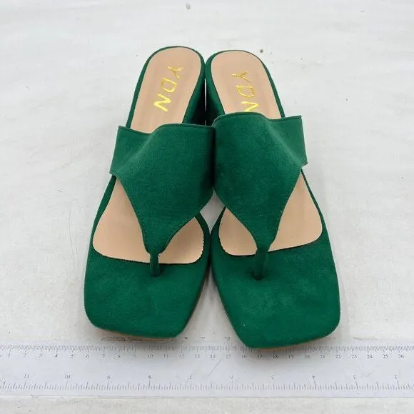 YDN Green Block Heel Mule Sandals Square Toe Slip On Flip Flop Backless Shoes