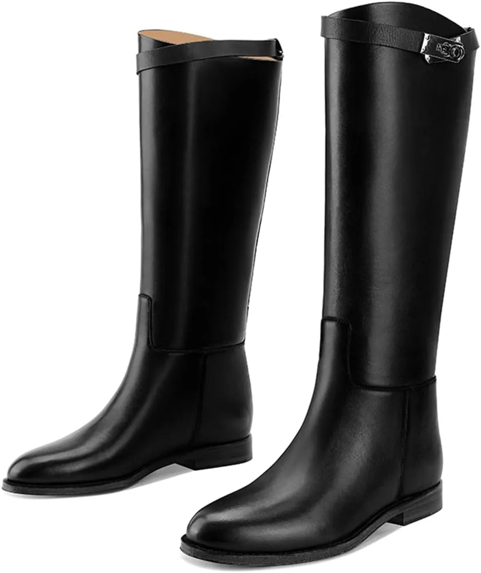 YDN Women Classic Round Toe Under the Knee High Flat Riding Boots Pull on Mental Buckle Wide Calf Booties Combat Walking Boots Size 4-15 US