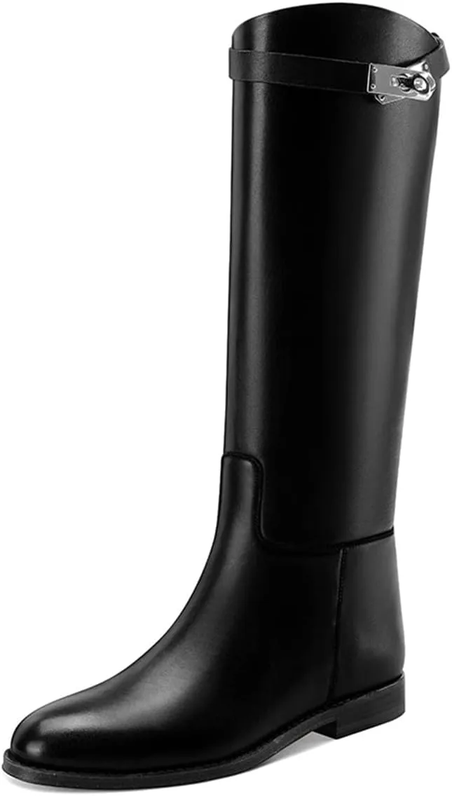 YDN Women Classic Round Toe Under the Knee High Flat Riding Boots Pull on Mental Buckle Wide Calf Booties Combat Walking Boots Size 4-15 US
