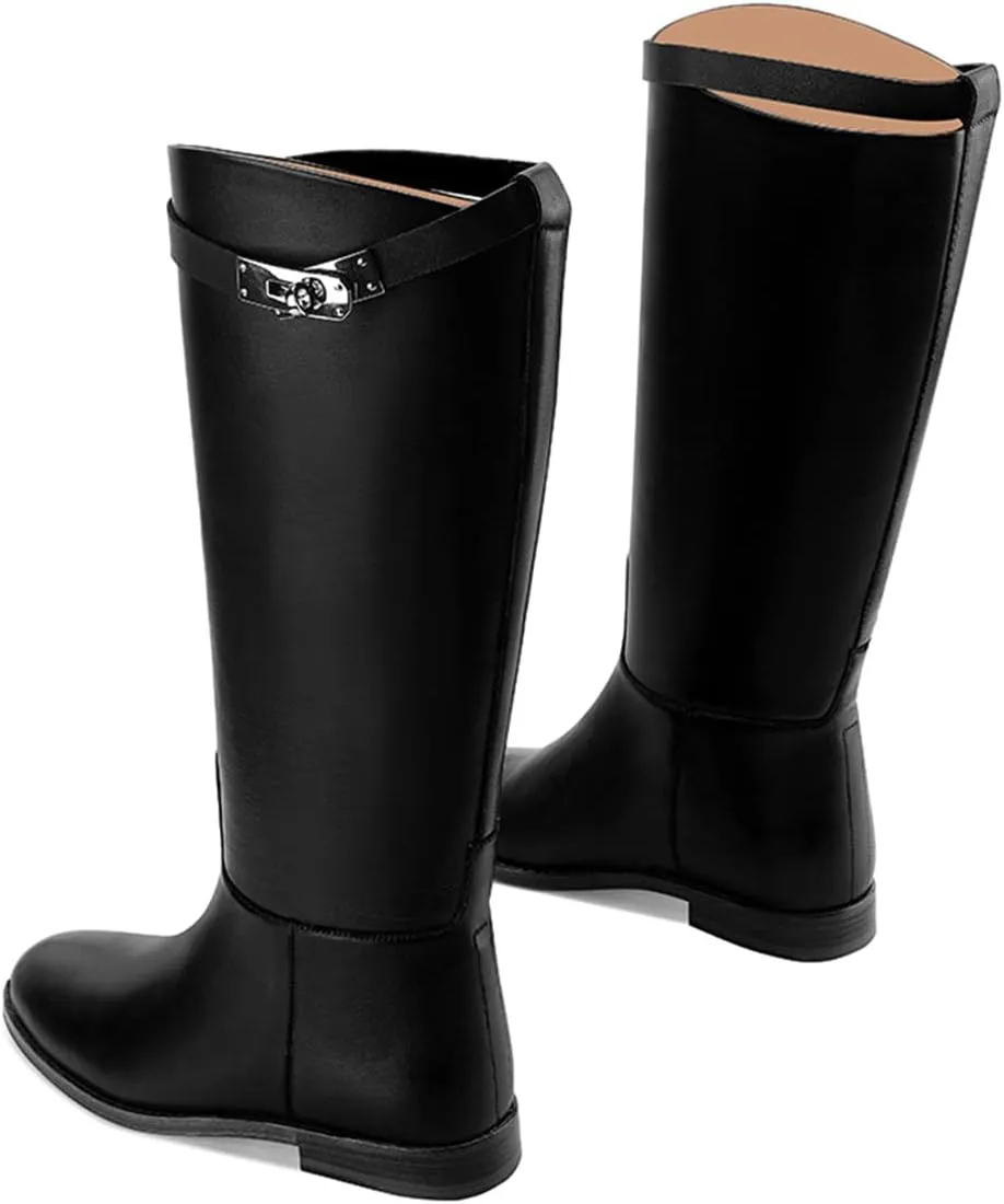 YDN Women Classic Round Toe Under the Knee High Flat Riding Boots Pull on Mental Buckle Wide Calf Booties Combat Walking Boots Size 4-15 US