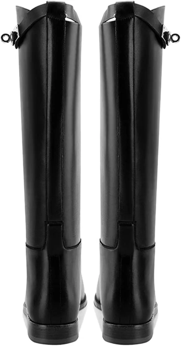 YDN Women Classic Round Toe Under the Knee High Flat Riding Boots Pull on Mental Buckle Wide Calf Booties Combat Walking Boots Size 4-15 US