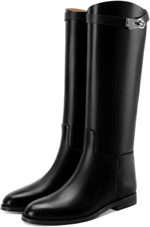 YDN Women Classic Round Toe Under the Knee High Flat Riding Boots Pull on Mental Buckle Wide Calf Booties Combat Walking Boots Size 4-15 US