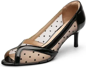 YDN Women's Low Kitten Heel Peep Toe Pumps Slip on Dress Sandals Mesh Dots Comfort Breathable Prom Wedding Shoes Size 4-15 US
