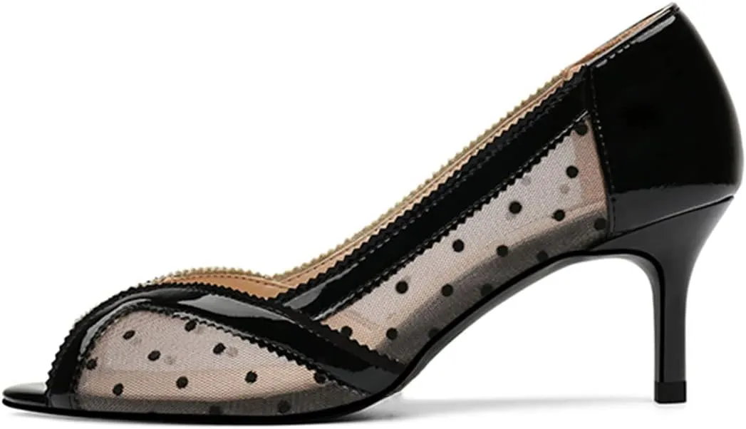 YDN Women's Low Kitten Heel Peep Toe Pumps Slip on Dress Sandals Mesh Dots Comfort Breathable Prom Wedding Shoes Size 4-15 US