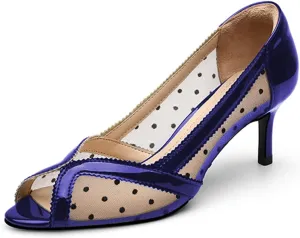 YDN Women's Low Kitten Heel Peep Toe Pumps Slip on Dress Sandals Mesh Dots Comfort Breathable Prom Wedding Shoes Size 4-15 US