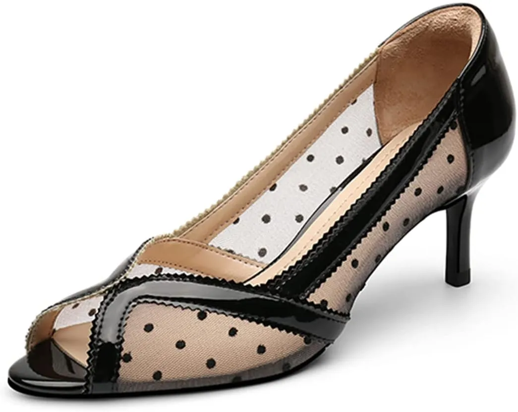 YDN Women's Low Kitten Heel Peep Toe Pumps Slip on Dress Sandals Mesh Dots Comfort Breathable Prom Wedding Shoes Size 4-15 US