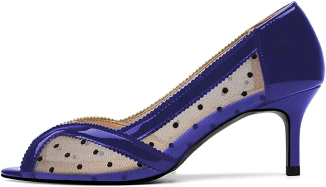 YDN Women's Low Kitten Heel Peep Toe Pumps Slip on Dress Sandals Mesh Dots Comfort Breathable Prom Wedding Shoes Size 4-15 US