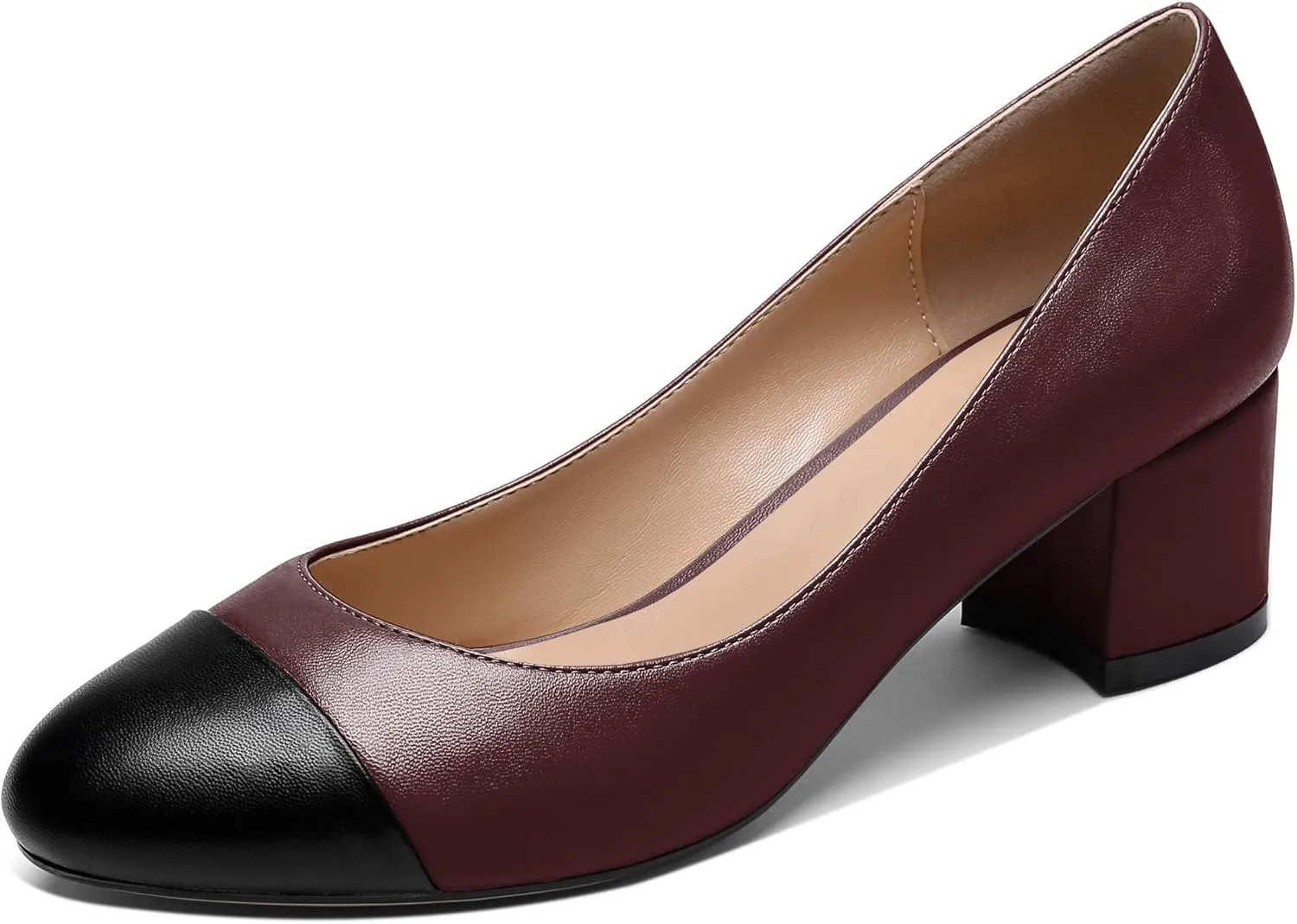 YODEKS Women 2" Low Block Heels Slip On Cap Toe Pumps, Synthetic Microfiber & Rubber Sole, Socialites & Event-goers