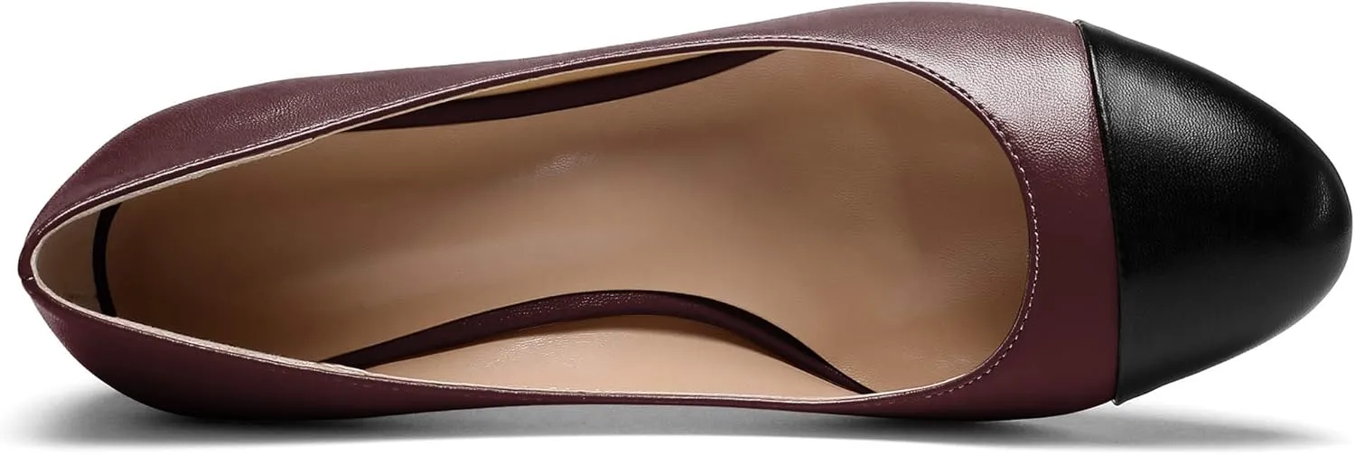 YODEKS Women 2" Low Block Heels Slip On Cap Toe Pumps, Synthetic Microfiber & Rubber Sole, Socialites & Event-goers