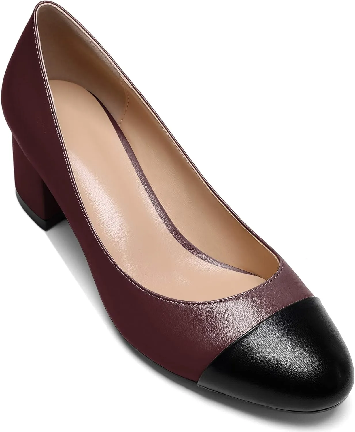 YODEKS Women 2" Low Block Heels Slip On Cap Toe Pumps, Synthetic Microfiber & Rubber Sole, Socialites & Event-goers