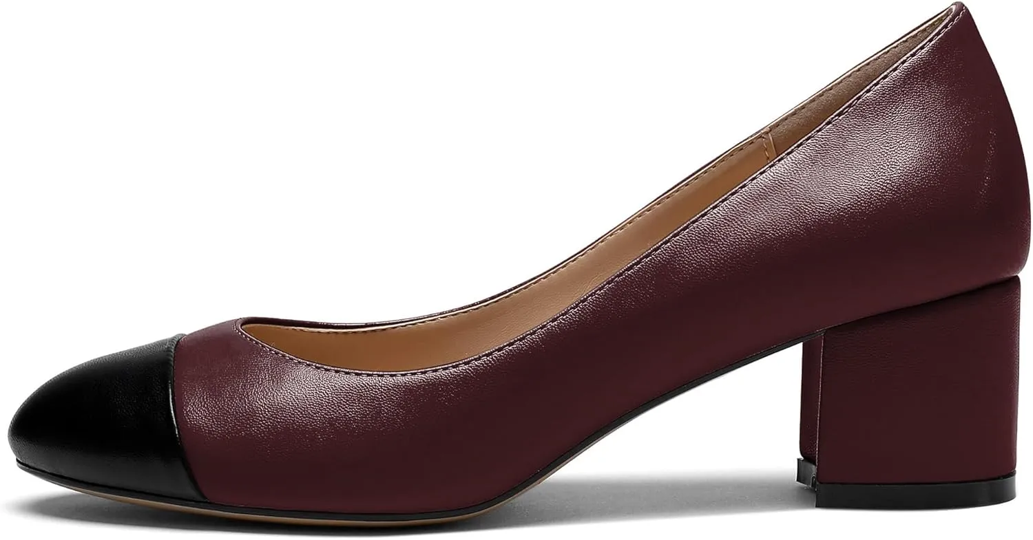 YODEKS Women 2" Low Block Heels Slip On Cap Toe Pumps, Synthetic Microfiber & Rubber Sole, Socialites & Event-goers