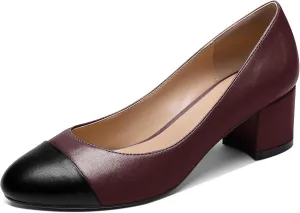 YODEKS Women 2" Low Block Heels Slip On Cap Toe Pumps, Synthetic Microfiber & Rubber Sole, Socialites & Event-goers