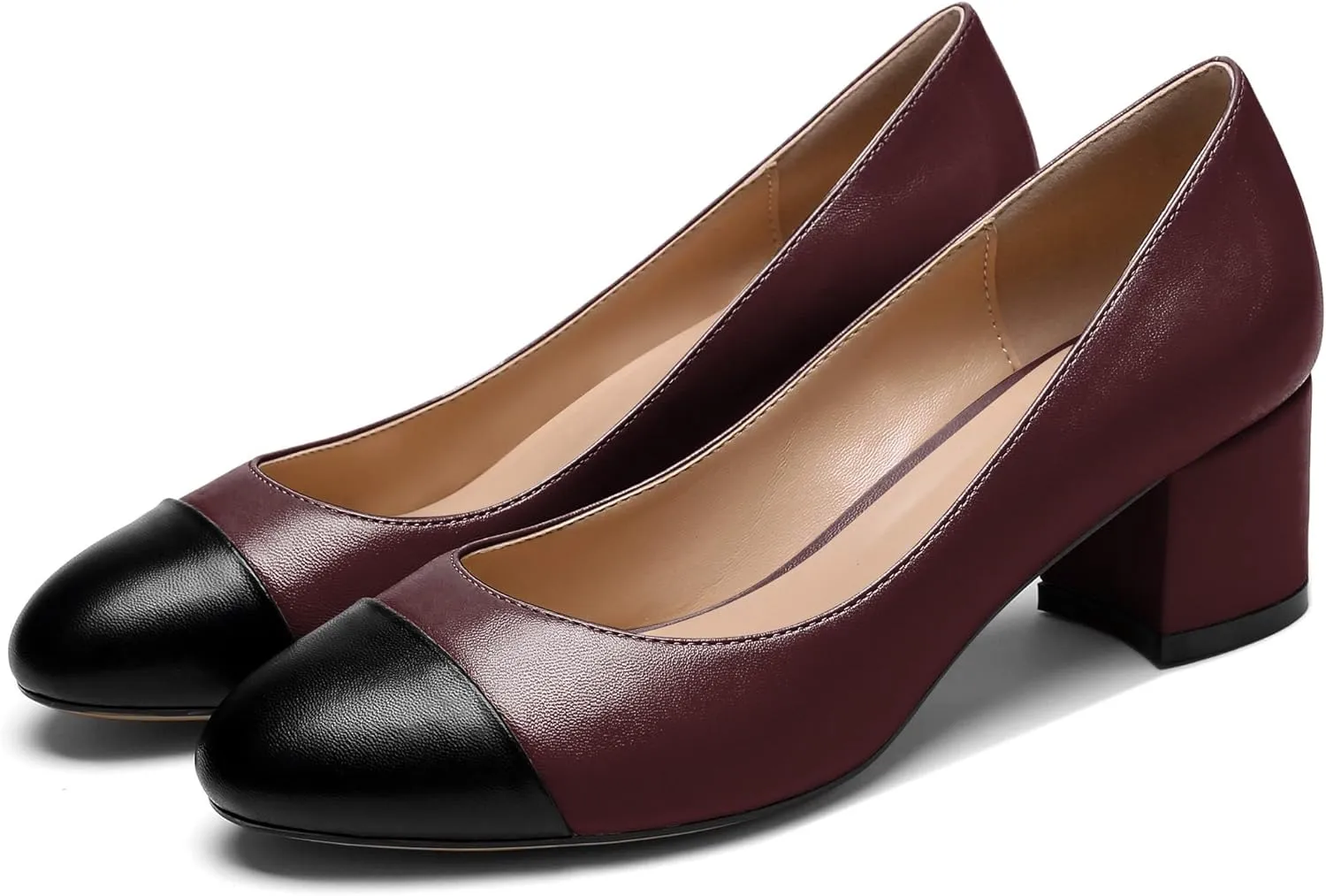 YODEKS Women 2" Low Block Heels Slip On Cap Toe Pumps, Synthetic Microfiber & Rubber Sole, Socialites & Event-goers