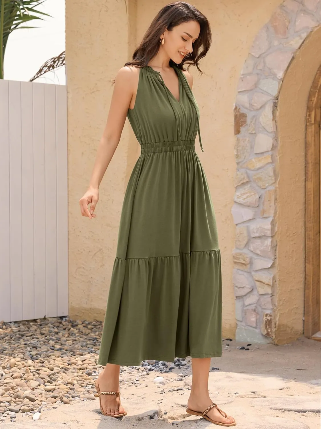 ZAFUL Women's 2025 Summer Casual Midi Dress Sleeveless Adjustable V Neck Elastic Empire Waist Smocked Ruffle Tiered Dresses