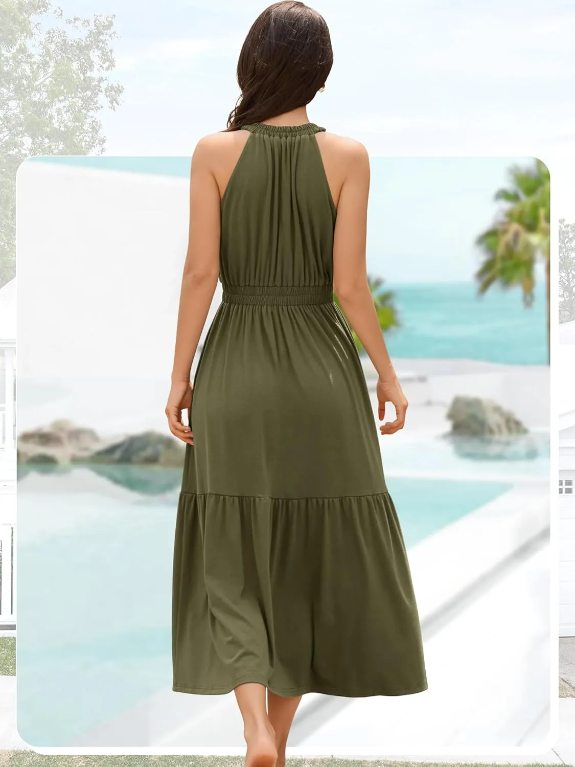 ZAFUL Women's 2025 Summer Casual Midi Dress Sleeveless Adjustable V Neck Elastic Empire Waist Smocked Ruffle Tiered Dresses