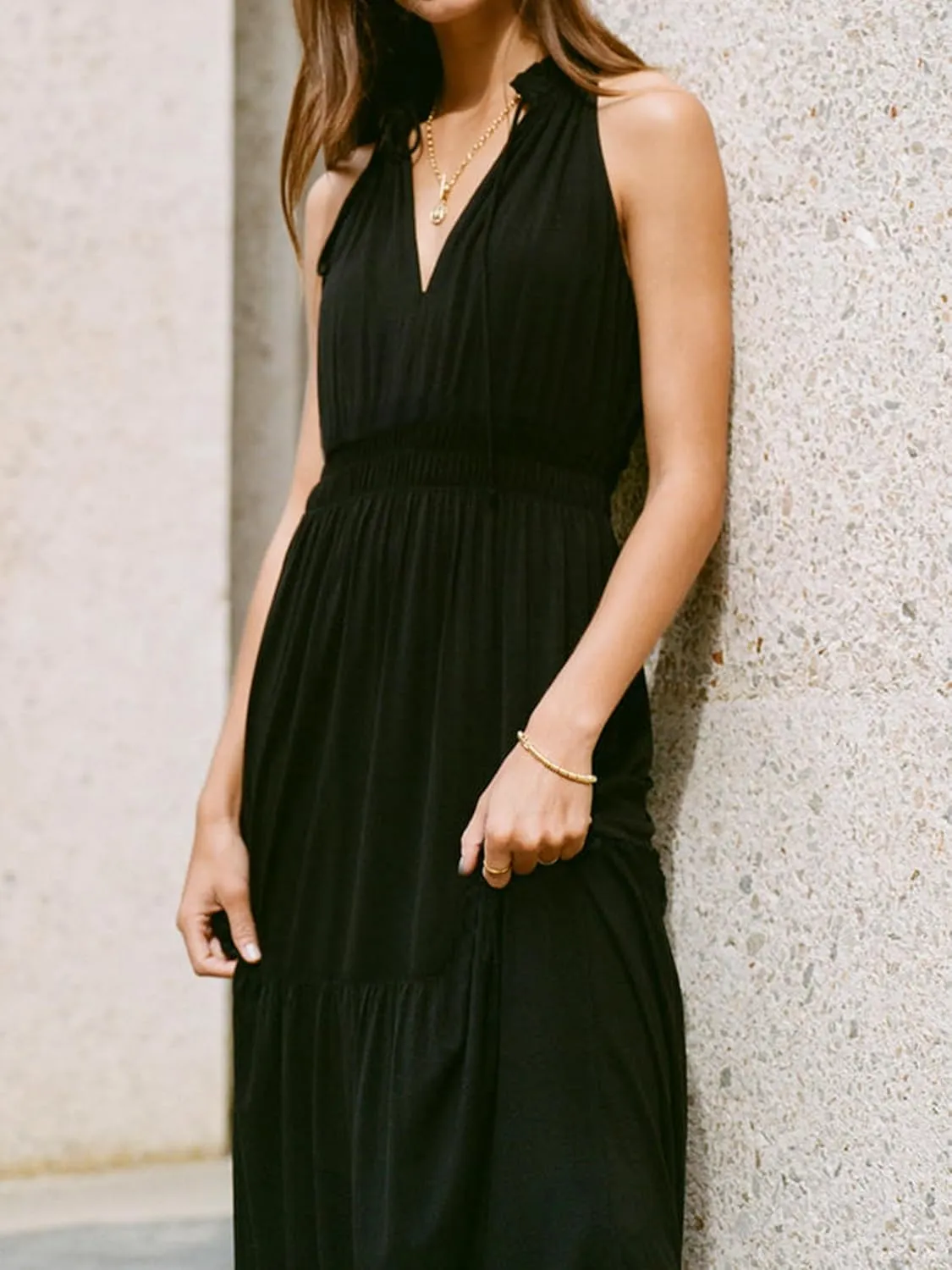 ZAFUL Women's 2025 Summer Casual Midi Dress Sleeveless Adjustable V Neck Elastic Empire Waist Smocked Ruffle Tiered Dresses