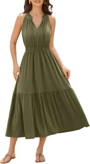 ZAFUL Women's 2025 Summer Casual Midi Dress Sleeveless Adjustable V Neck Elastic Empire Waist Smocked Ruffle Tiered Dresses