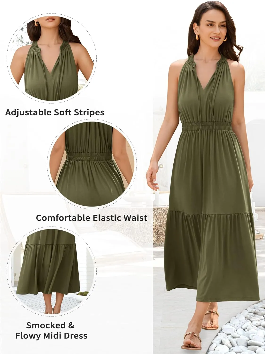 ZAFUL Women's 2025 Summer Casual Midi Dress Sleeveless Adjustable V Neck Elastic Empire Waist Smocked Ruffle Tiered Dresses