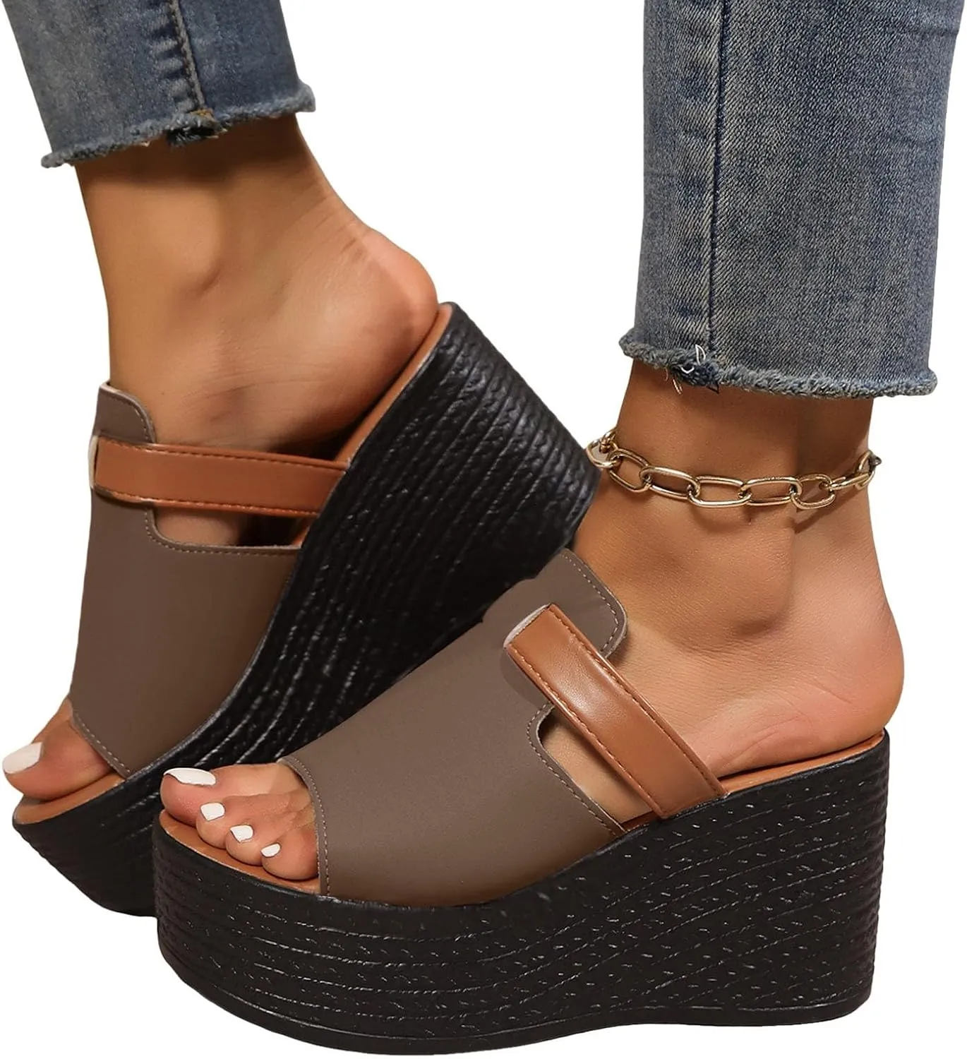 ZSpzx Summer Platform Sandals for Women 2025,Peep Toe Cutout Wedge Slip On Sandal Ladies Orthopedic Comfortable Non Slip Dressy Slides Wide Width Orthopedic Shoes for Daily Wear Indoor Outdoor