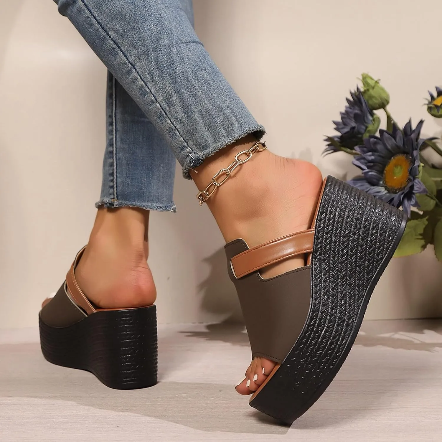 ZSpzx Summer Platform Sandals for Women 2025,Peep Toe Cutout Wedge Slip On Sandal Ladies Orthopedic Comfortable Non Slip Dressy Slides Wide Width Orthopedic Shoes for Daily Wear Indoor Outdoor